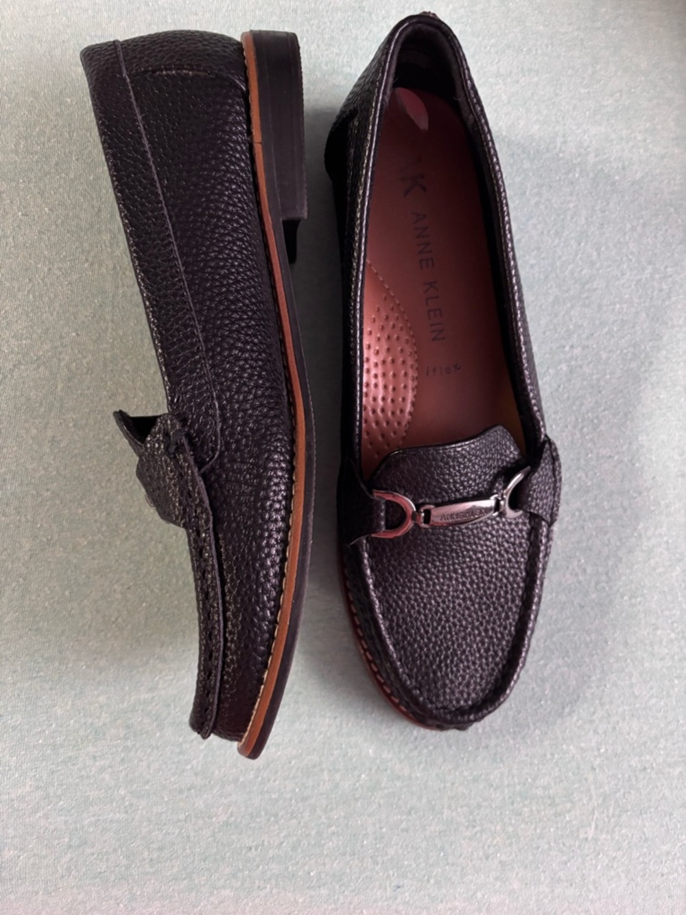 Anne Klein Black Pebbled Leather Loafers with Silver Hardware. - Picture 2 of 6